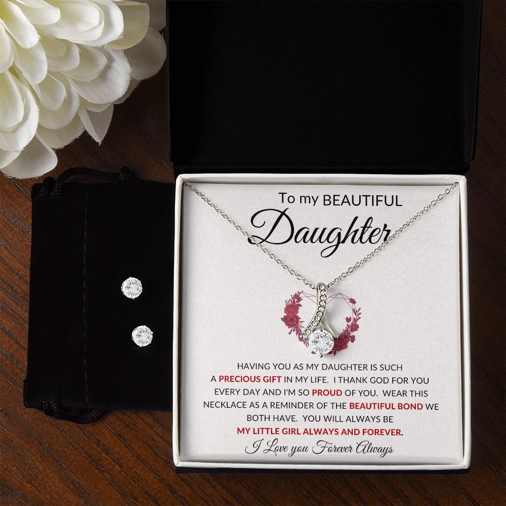 To My Beautiful Daughter | Alluring Beauty Necklace + Clear CZ Earrings | Red Heart Precious Gift
