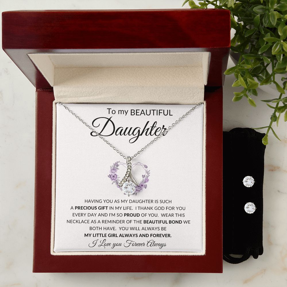To My Beautiful Daughter | Alluring Beauty + Clear CZ Earrings | Heart Purple Precious Gift