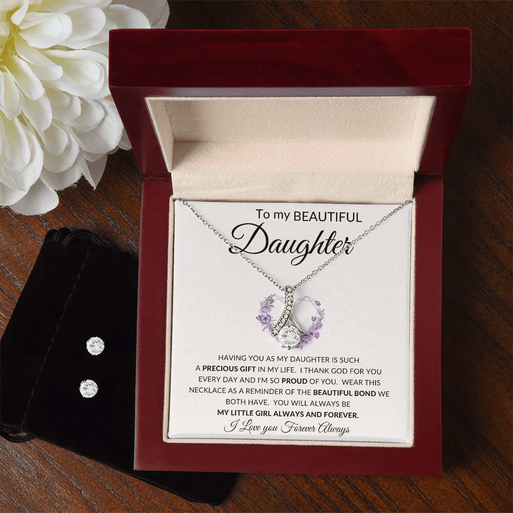 To My Beautiful Daughter | Alluring Beauty + Clear CZ Earrings | Heart Purple Precious Gift