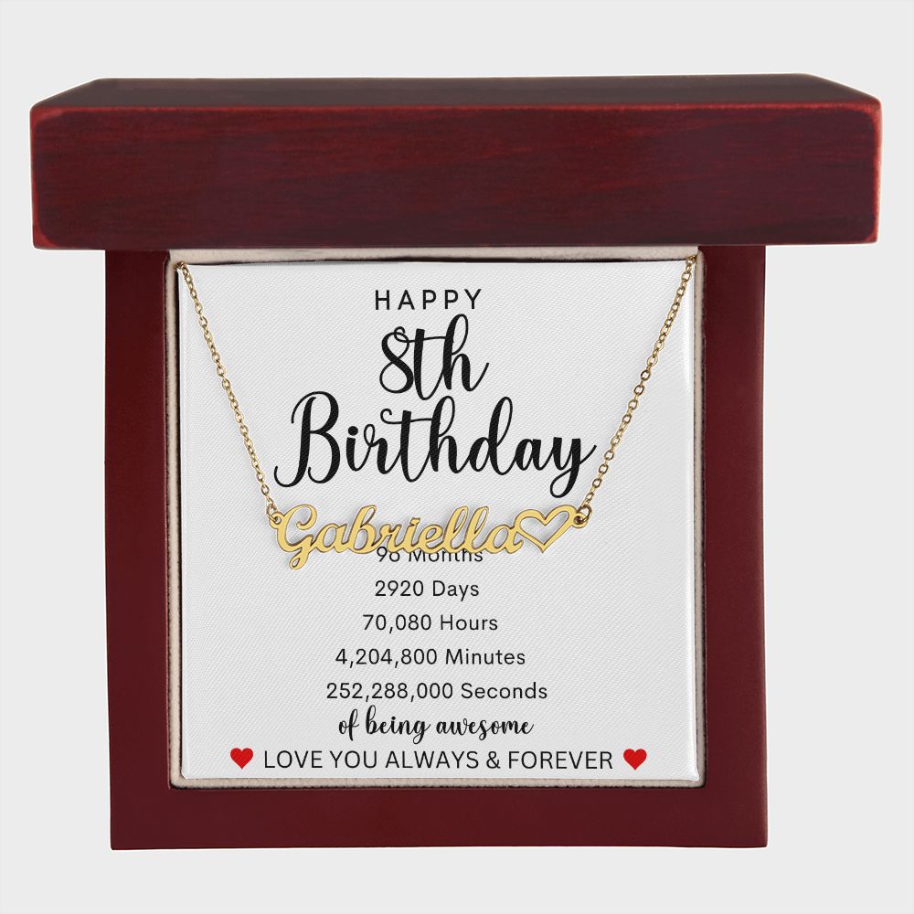 Happy 8th Birthday | Personalized Heart Name Necklace