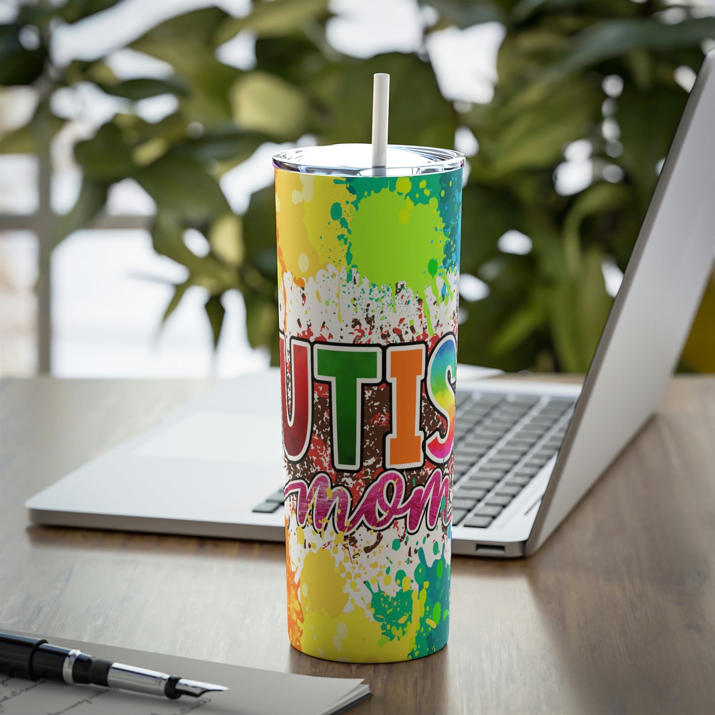 Autism Mom Skinny Steel Tumbler with Straw, 20oz