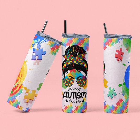 Proud Autism Mom Skinny Steel Tumbler with Straw, 20oz