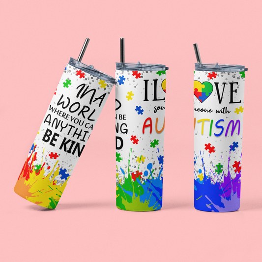 I Love Autism Skinny Steel Tumbler with Straw, 20oz